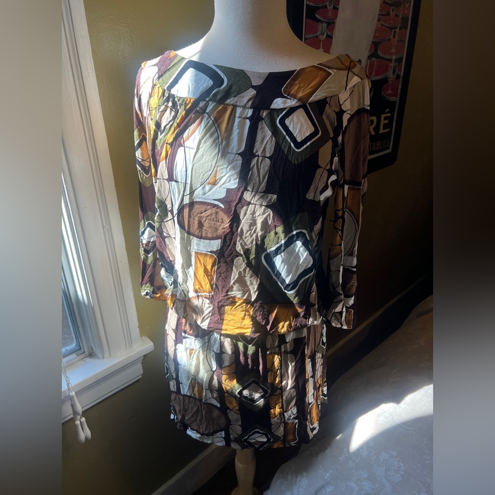 BCBGMaxAzria Brown and Blue Asymmetrical Dolman Sleeve Sundress